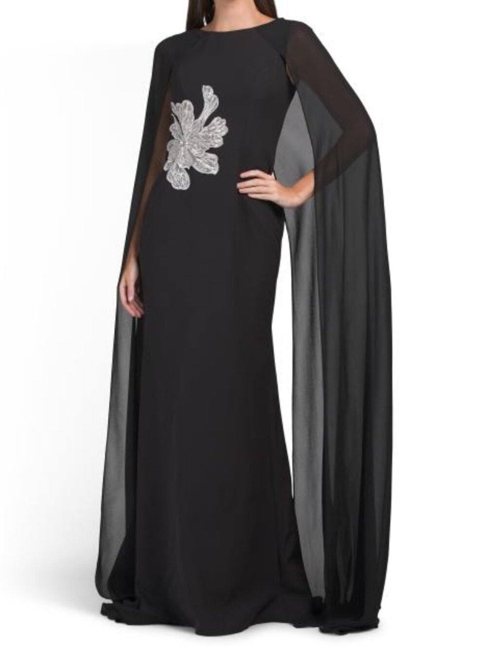 TERANI COUTURE Floral Embellished Cape Gown